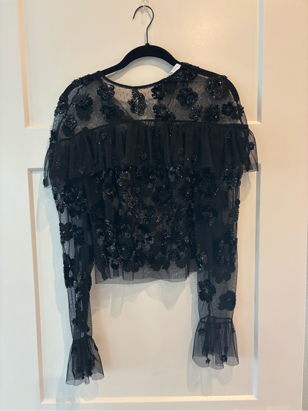 Zara Black Sheer Floral Applique Ruffle Blouse M/L